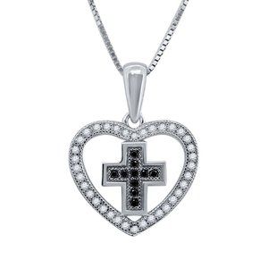 Moissanite-Black Diamond Cross-Heart Pendant Silve